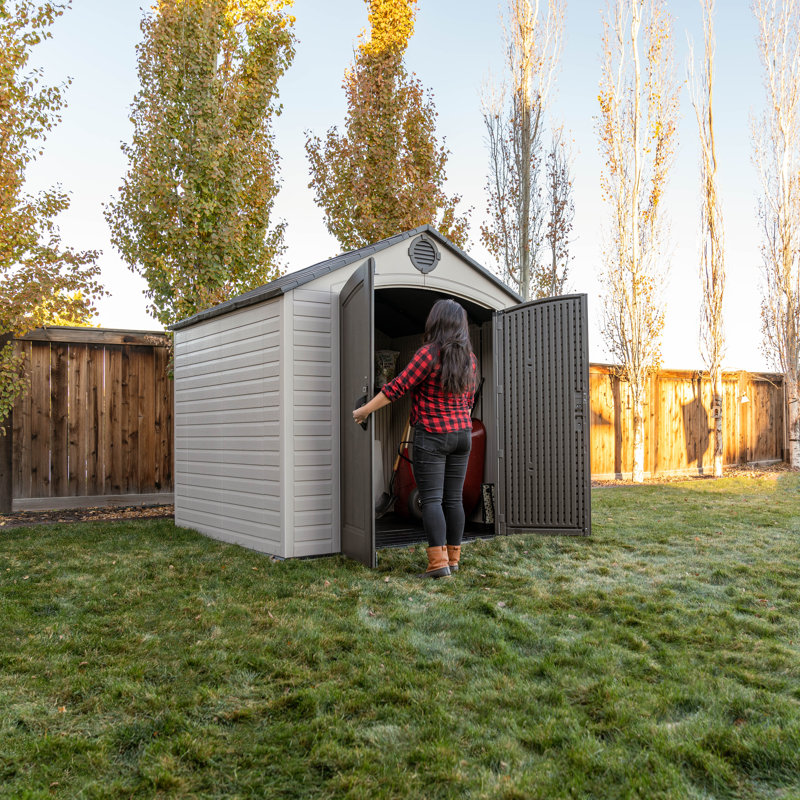 High-Density Polyethylene Outdoor Storage Shed with Steel-Reinforced Construction, 95" H x 96" W x 90" D