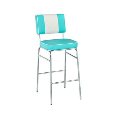 Tabouret de bar vintage bleu sarcelle et blanc avec pattes chromées pour une utilisation intérieure