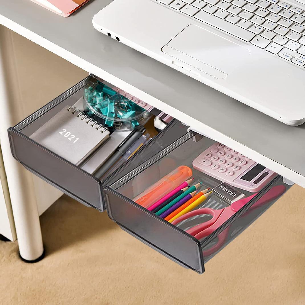 Konnect™ Under Desk Drawer, Self-Adhesive Slide Out Storage Organizer with  4 Customizable Dividers, 2-Pack, Black