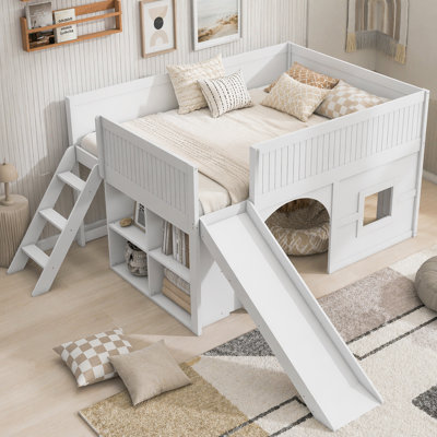 Full Size Wooden Low Loft Bed with Storage Shelves, Slide, Door and Window Design