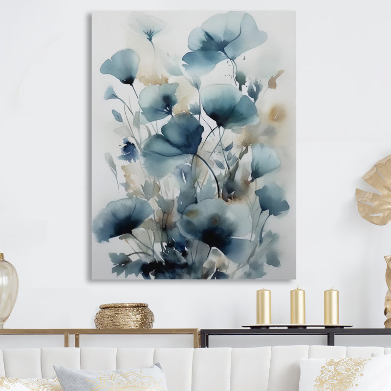 Feuilles bleues et fleurs I sur impression métallique, H 32 po x l 24 po