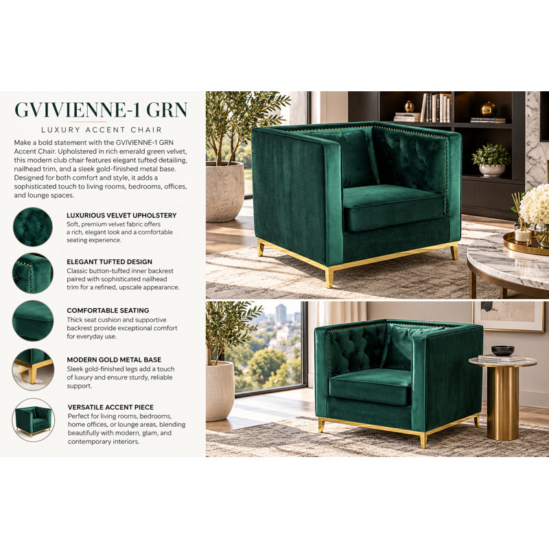 Vivienne Modern Emerald Green Velvet Accent Chair with Tufted Back, Gold Metal Base and Nailhead Trim, Green Velvet