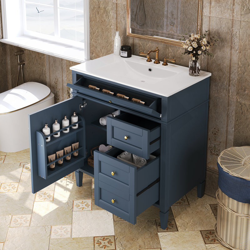 Meuble-lavabo moderne de 30 po avec lavabo supérieur, 2 tiroirs, tiroir basculant et tablette réglable pour un rangement efficace