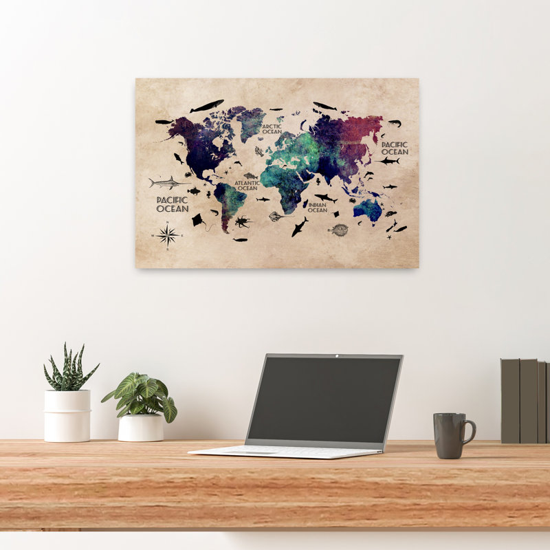 Art mural coloré sur la carte du monde coloré, H 16 po x l 24 po