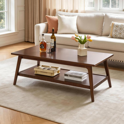 Mid Century Coffee Table Solid Rubber Wood 1 Piece Rectangular Cocktail Table Two Tone White Top and Walnut Frame with Lower Shelf
