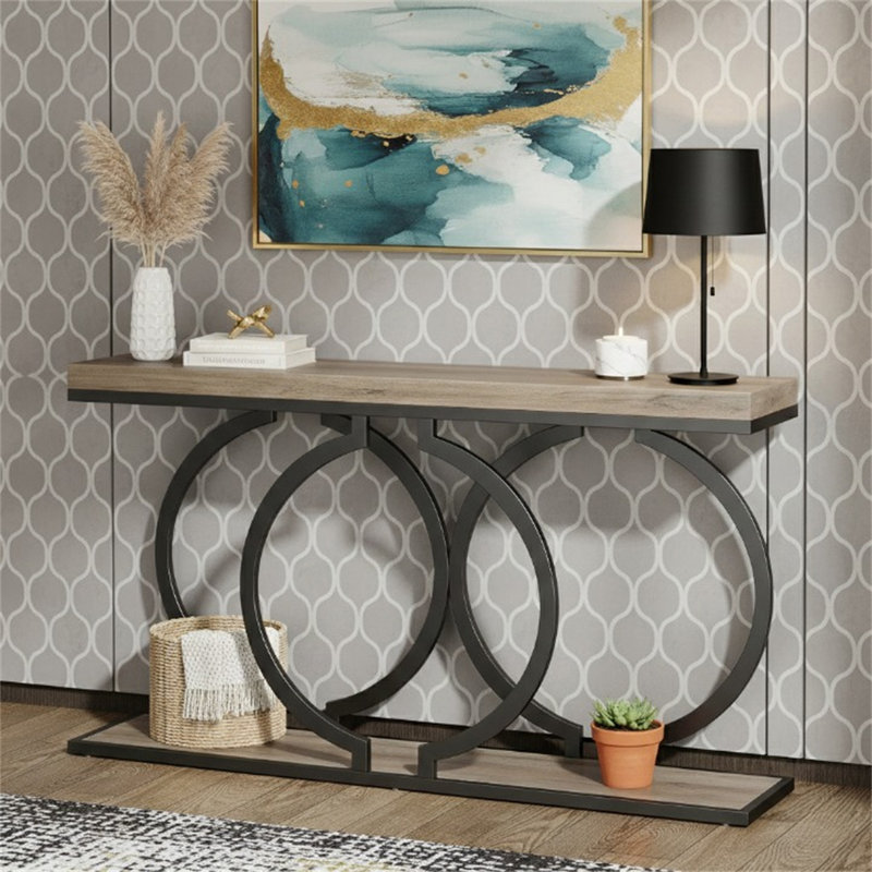 Console 55 po, canapé d'entrée étroit avec structure en métal géométrique, Noir, Brun rustique
