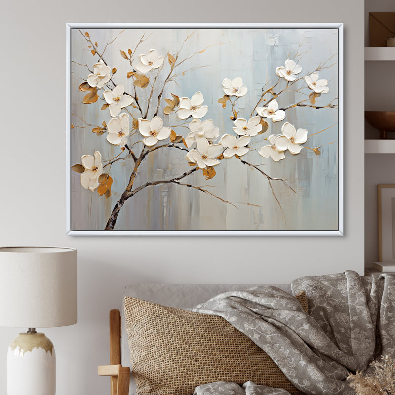 " White Grey Dogwood Peacefulness ", 16" H x 32" W x 1" D, White Floater Framed