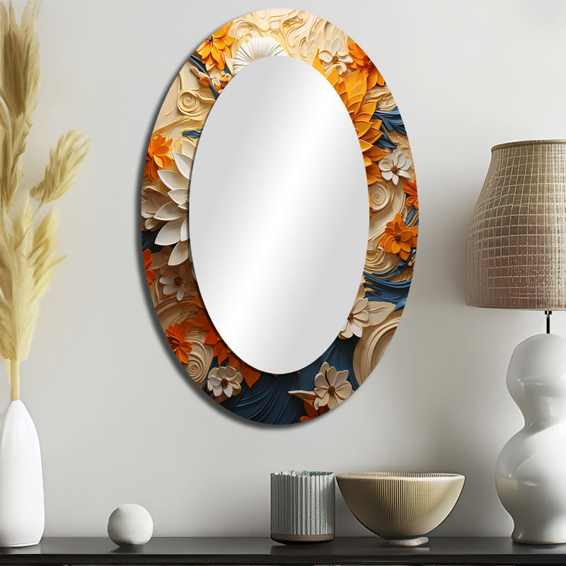 Radiant Reverie Botanical - Orange Modern Oval Wall Mirror, 36 po x 24 po
