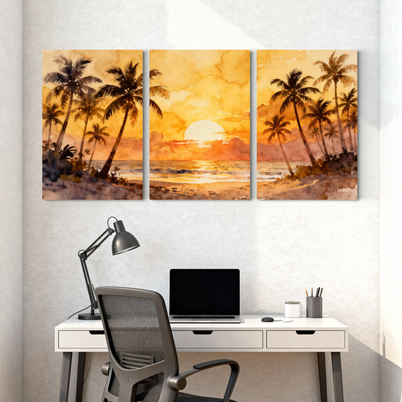 Palmiers, coucher de soleil tropical, Palm Beach, ensemble de 3 impressions sur toile, H 30 po x l 60 po