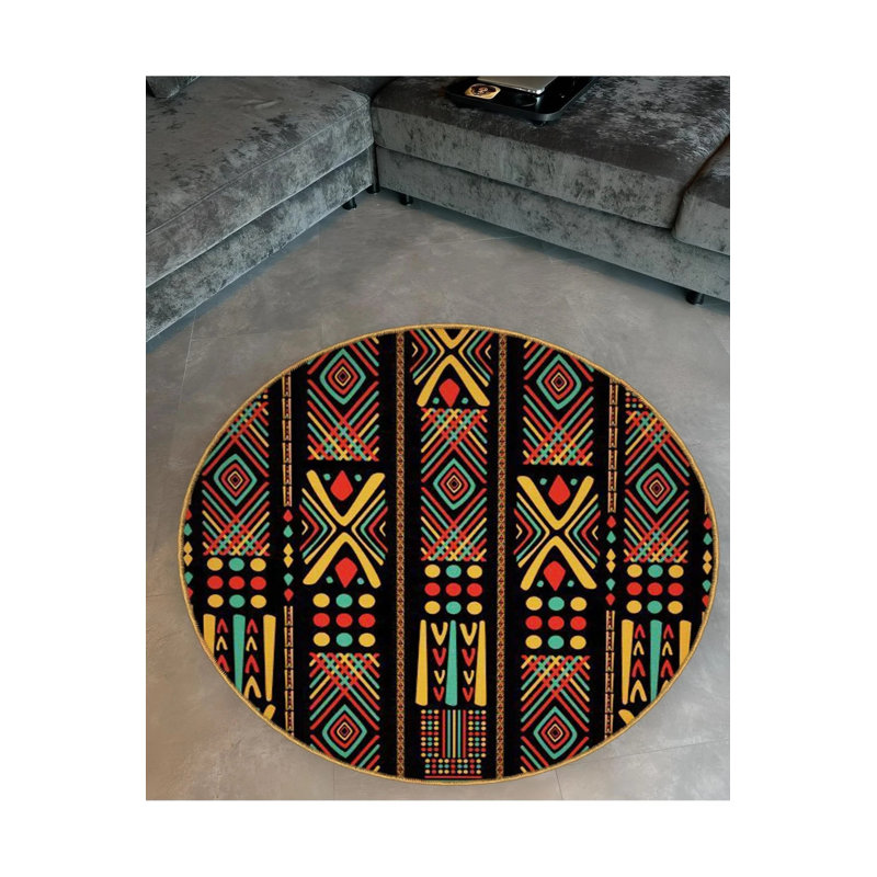 Multicolored Ethnic Motif Patterned Round Woven Base Vintage Decorative Carpet, Round 4'
