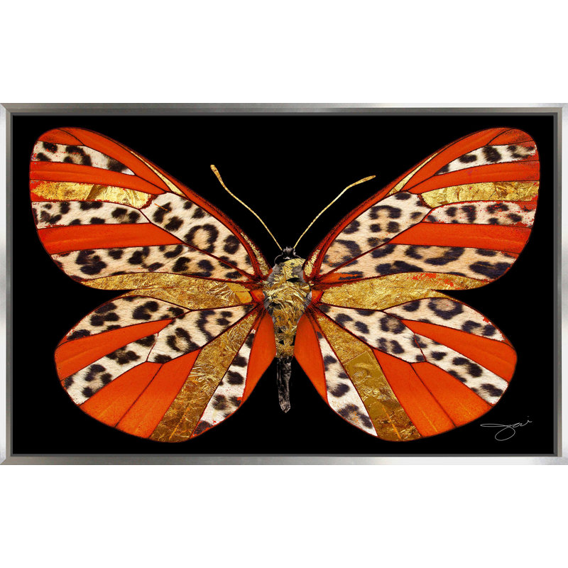 Léopard et papillon doré (horizontal) par Jodi - impression, H 27,5 po x l 43,5 po x P 2 po, Cadre flottant argent