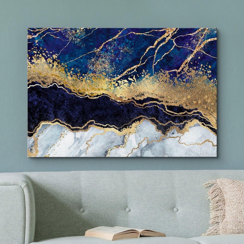 «Black Gold Marble Slice Agate Abstract Landscape Shapes Modern», reproduction d'art sur toile, Toile tendue
