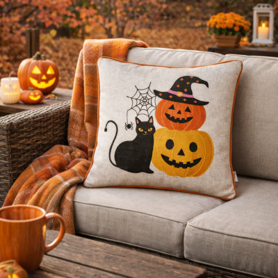 Square Throw Pillow, Cat And Pumpkin Stack, Ivory Linen-Like Fabric 20 Inch