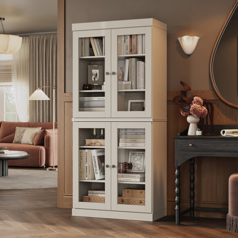 Veera 100% Solid Wood Tall Bookcase with Glass Doors, Adjustable Shelves, Modular Storage Bookshelf, 32" W x 71.5" H