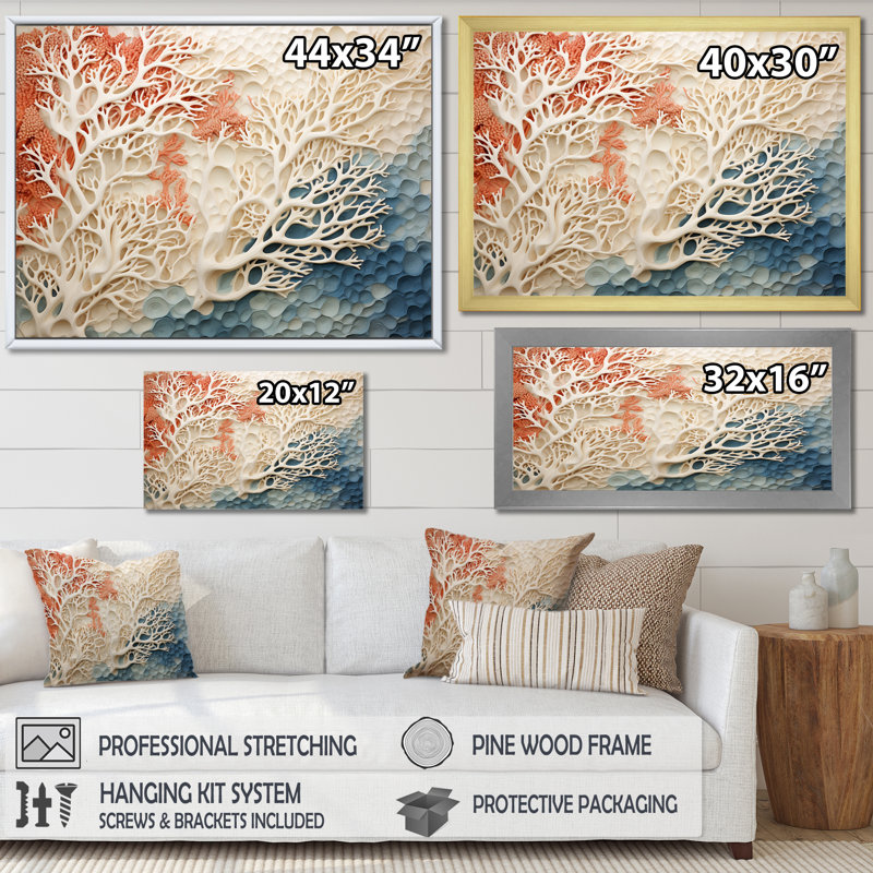«Rose and White Coastal Coral Collage I» - art mural corail sous l'eau, Impression encadrée, H 12 po x l 20 po, Argent argent
