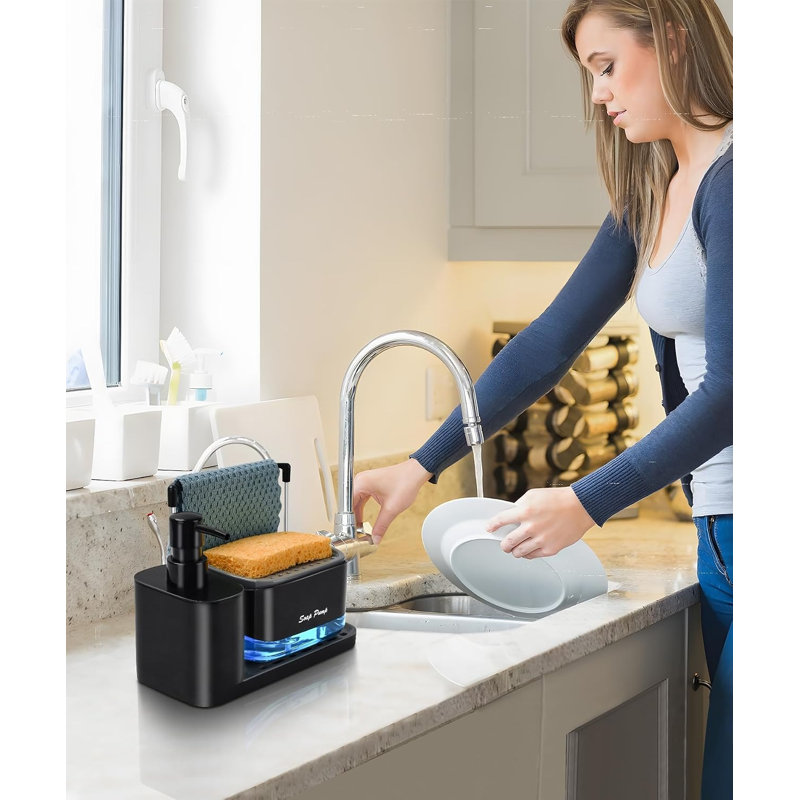 Distributeur de savon pour les mains et la vaisselle avec plateau, distributeur double de savon avec porte-éponge et porte-torchon, organisateur 5 en 1 pour évier et comptoir - Accessoires de cuisine pratiques