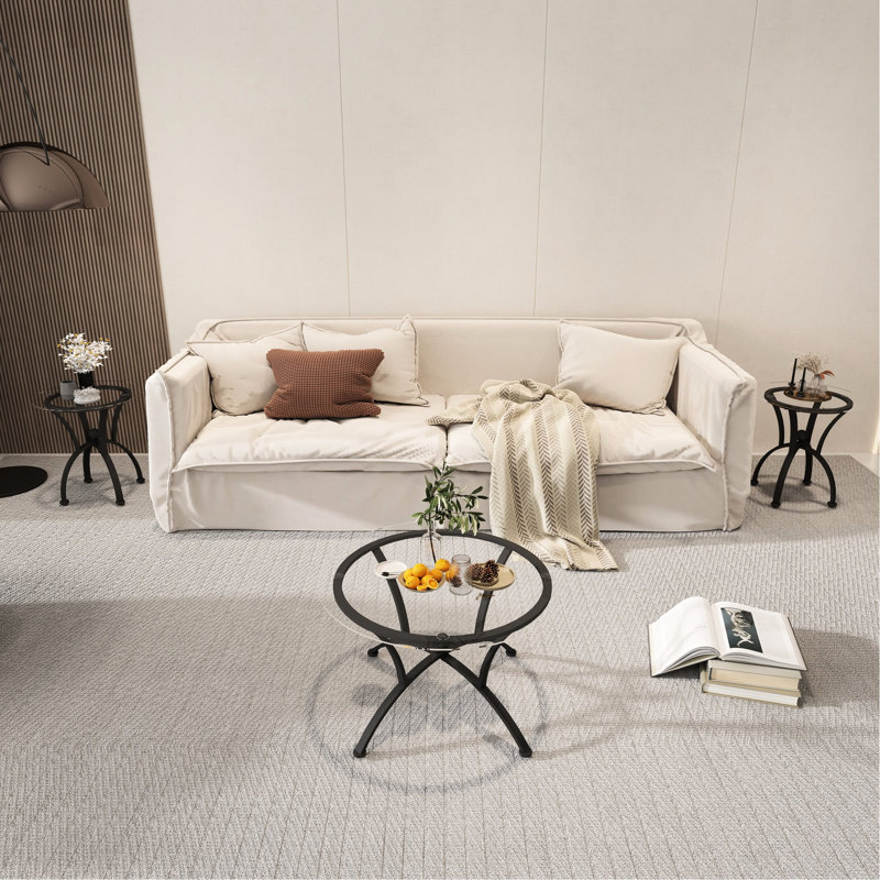 Table basse 3 pièces rustique noire avec verre trempé rond, fabrication pour un décor de salon de style rétro américain unique, structure élégante et surface de verre élégante