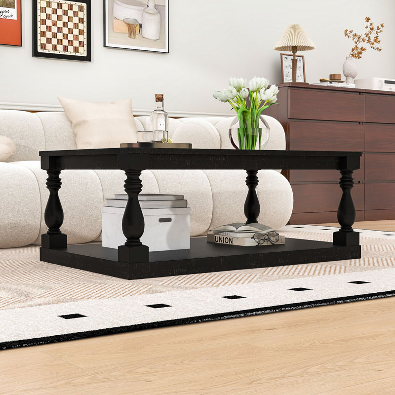 Table basse en bois rétro avec pieds en colonne et structure robuste, Noir