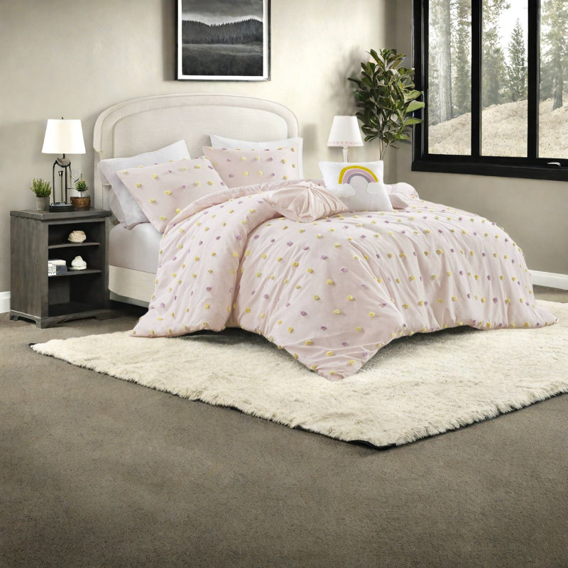 Ensembles de literie pour grand lit en coton certifié, édredon à pompons rose pour la maison