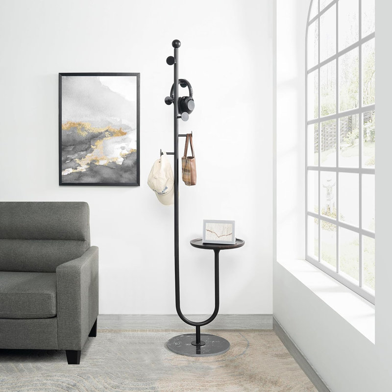 Vertical Coat Rack, Metal Coat Tree, With Bamboo Tray And 6 Hooks, Heavy-Duty Marble Base Corner Coat Rack, Black