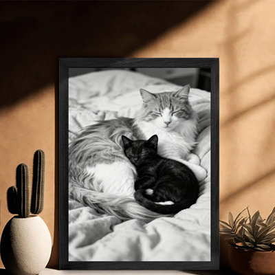 Black Framed Vintage Cats snuggle together in warmth Wall Art Retro Style Framed Prints