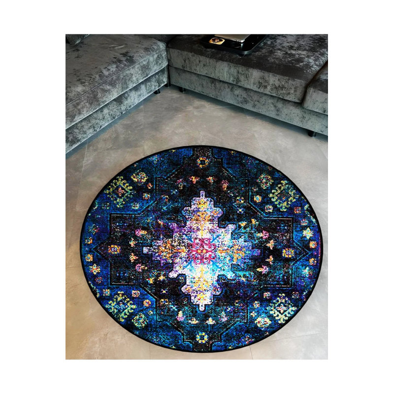 Navy Blue Tones Traditional Motif Patterned Round Woven Base Vintage Decorative Carpet, Round 3'4"