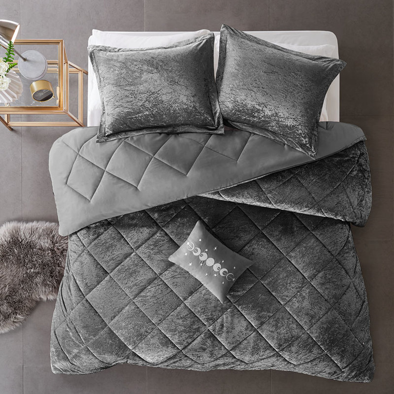 Édredon simple / simple en velours gris TG, Twin/Twin Xl Comforter + 3 Additional Pieces, Gris