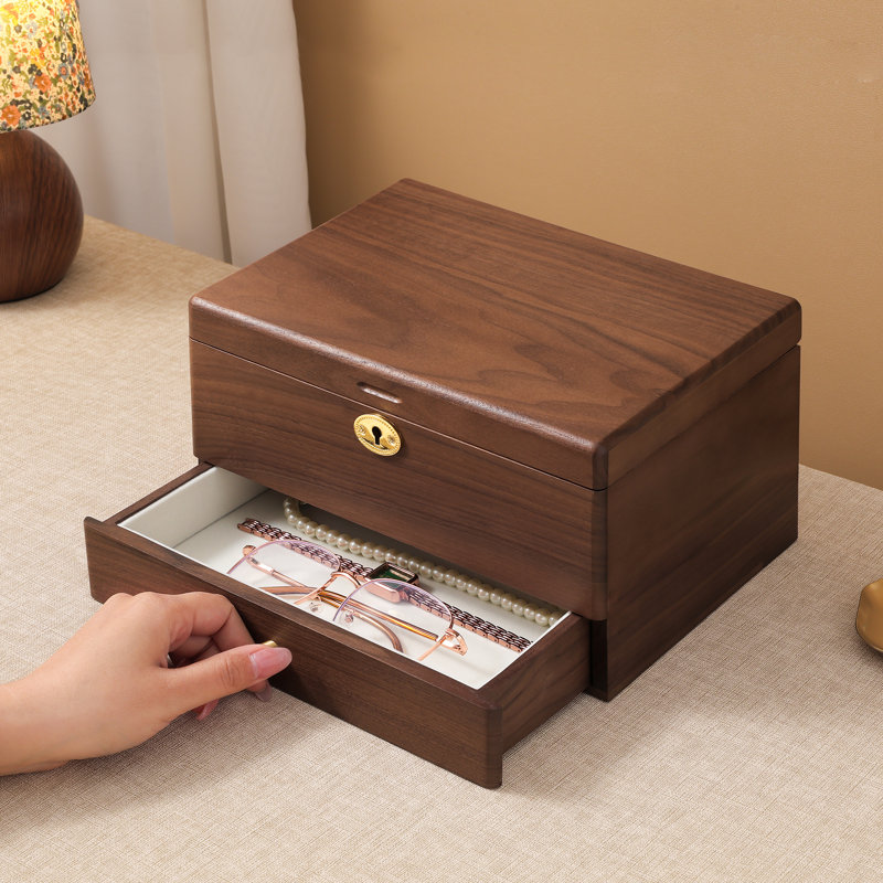 Boîte à bijoux verrouillable en bois de noyer noir, organisateur à 3 couches avec serrure et clé pour colliers, bagues et boucles d'oreilles.