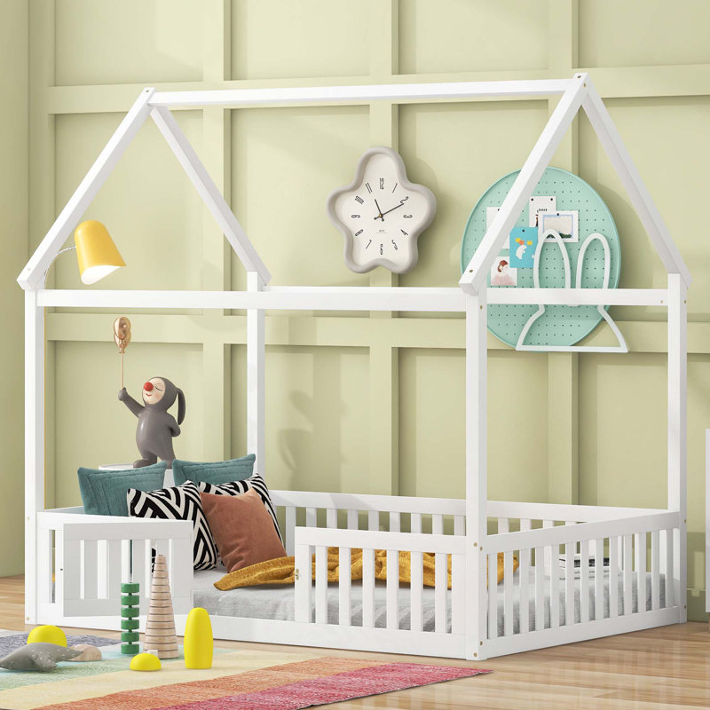 Lit en bois avec clôture et porte, White, Full