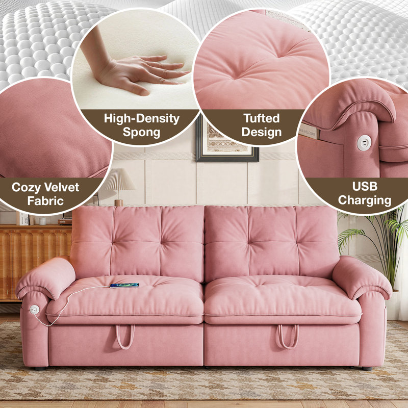 77.5" Pull Out Sleeper Sofa Bed Loveseat Chaise 3 In 1 Velvet Convertible Couch With USB Charging & Side Pocket & Adjustable Backrest & Tufted Design