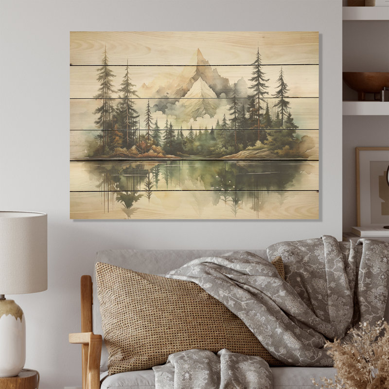 Watercolor Mountain Dreamscape - Mountains Wood Wall Art On Natural Pine Wood, 30" H x 40" W