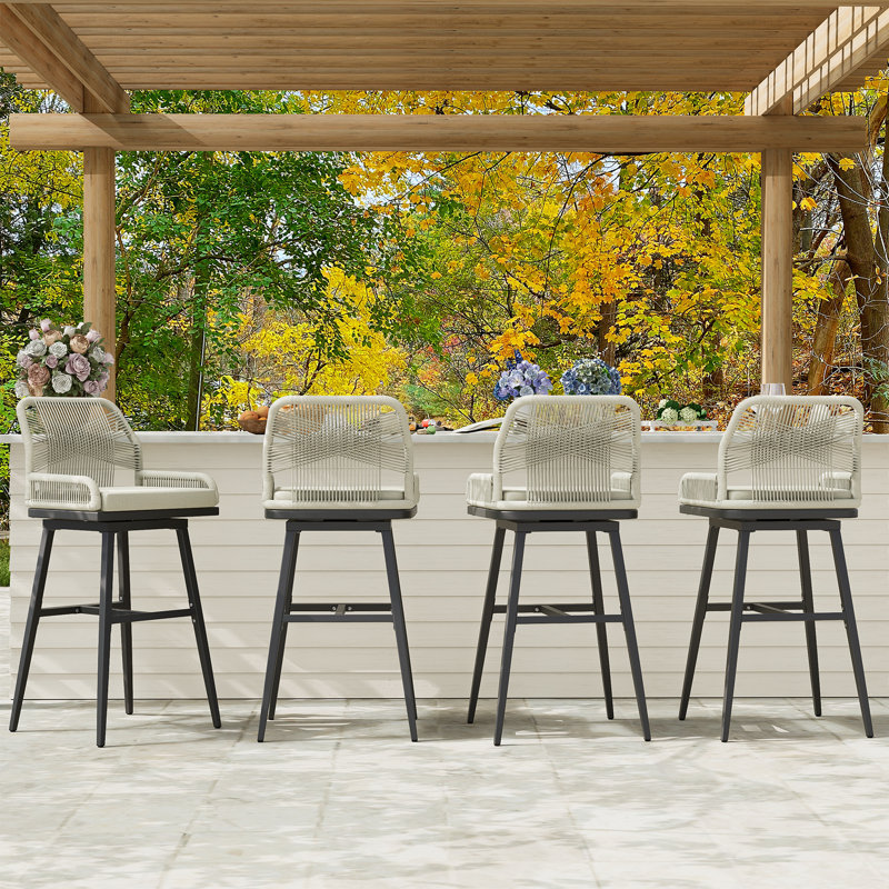 Bar Stools Set Of 2, Rattan Counter Height Bar Stools, Swivel Patio Barstools With Boho Woven Rope Back For Kitchen Patio Garden Cushions Included,
