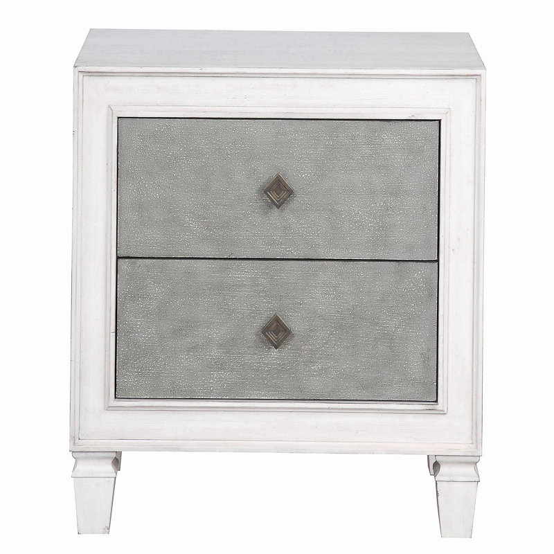 Table de chevet 2 tiroirs Vintage gris et blanc vieilli, Blanc / Gris