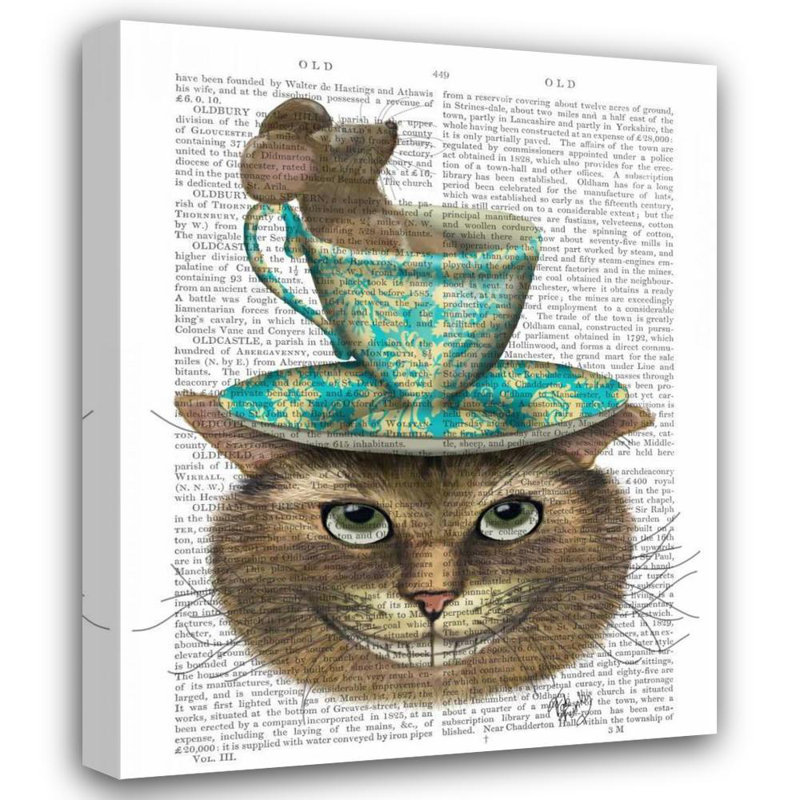 Art sur toile tendue Red Barrel Studio® Fab Funky Gallery, titré: Cheshire avec tasse sur la tête, H 45 po x l 36 po