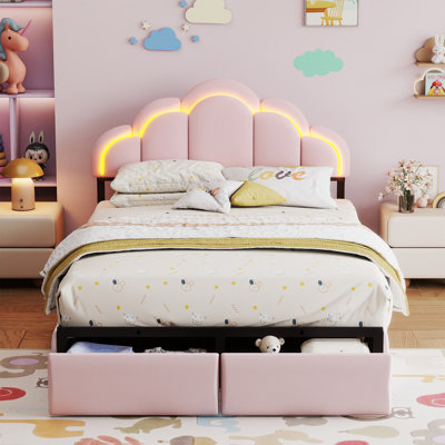 Lit rembourré à DEL avec tiroir et tête de lit à pétales, lits pour enfants