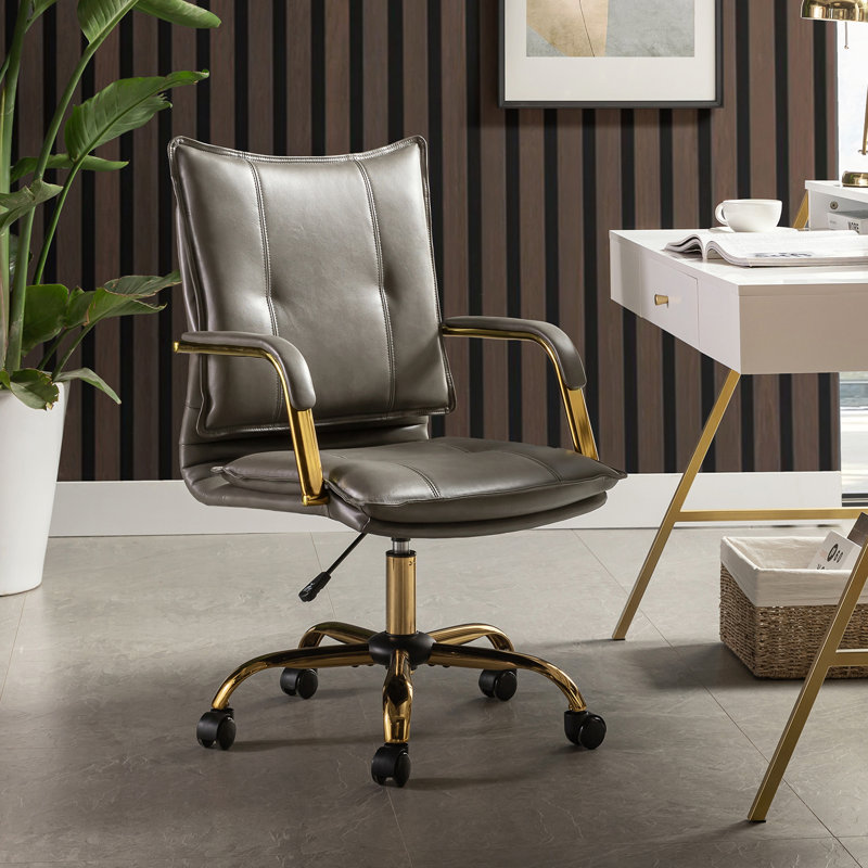 Gedrie Modern Faux Leather Swivel Office Chair, Grey, Gold