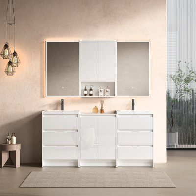 Meuble-lavabo sur pied 72 po - Lavabo en résine, 1 armoire de rangement et 1 armoire murale | Tiroirs / porte à fermeture en douceur, contreplaqué blanc brillant