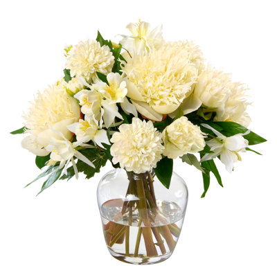 Peony and Columbine Bouquet in Glass Vase