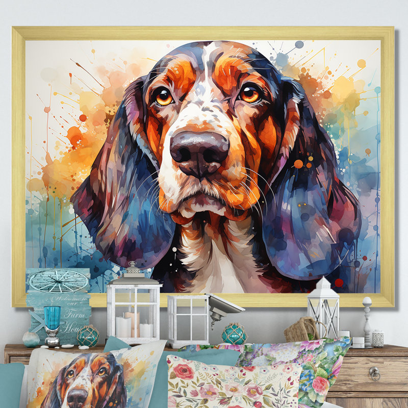 Chien basset hound beauté I, Cadre doré simple, L 40 po x H 30 po x P 1,5 po