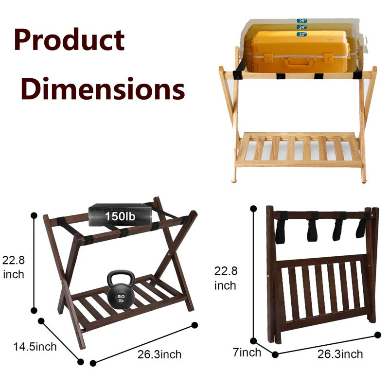 Porte-bagages pliable en bois avec tablette, Brun, Ensemble de 2
