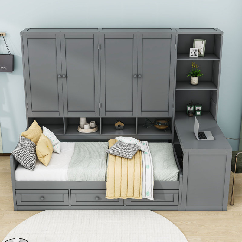 Lit de jour en bois avec bureau intégré et grands tiroirs de rangement, Gris, Lit simple
