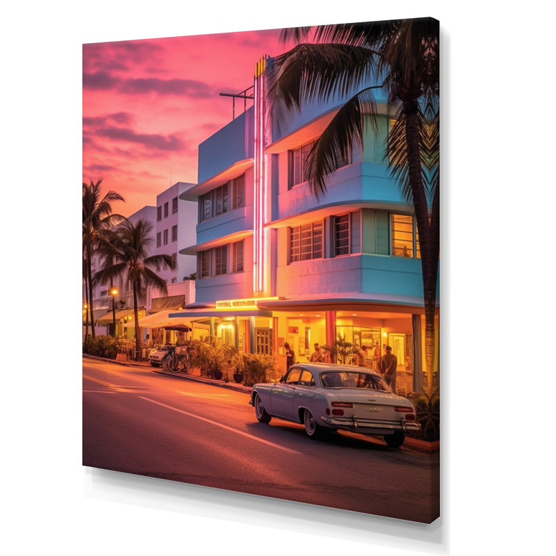 Miami Ocean Drive Neon, reproduction d'art sur toile, H 20 po x l 12 po x P 1 po, Toile tendue