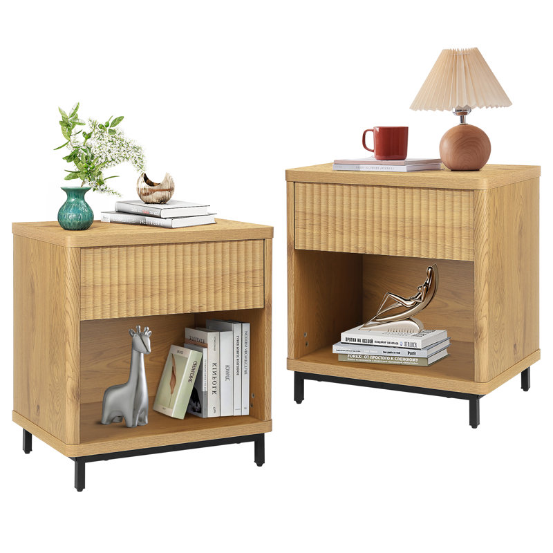 Natural Oak Fluted Nightstands with Drawer Storage and Metal Legs