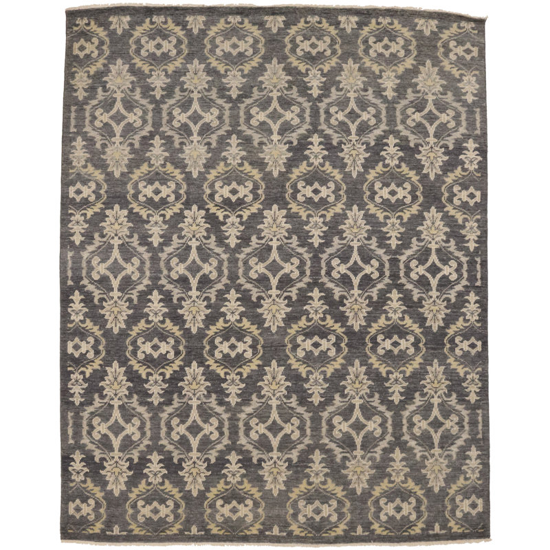 Tapis géométrique rectangulaire en laine noué à la main gris / beige