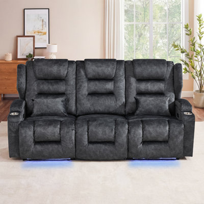 3 Seat Wall Hugger Power Reclining Sofa With Drop Down Console, LED Lights, USB Charging, Cup Holders For Living Room