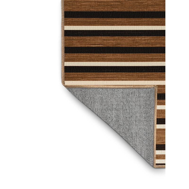 Tapis brun à rayures horizontales lavable à la machine, Rond 3 pi