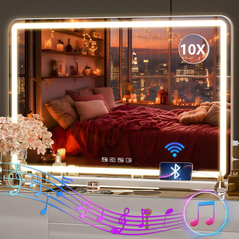 Miroir de salle de bain 32 po x 21,7 po à DEL avec haut-parleur Bluetooth, port de charge USB, 3 modes de couleur à intensité variable, écran tactile, finition blanche