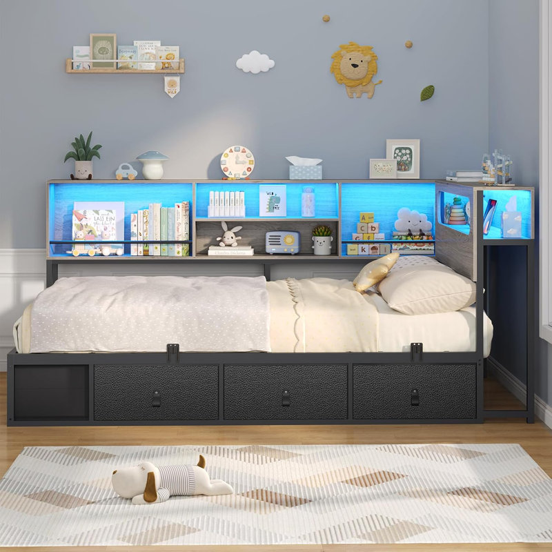 Corner Bed Frame Full Size With Bookcase Storage & Rgb Lights, Charging Station, Metal Daybed With 3 Drawers & 2 Open Cubbies, For  Small Space