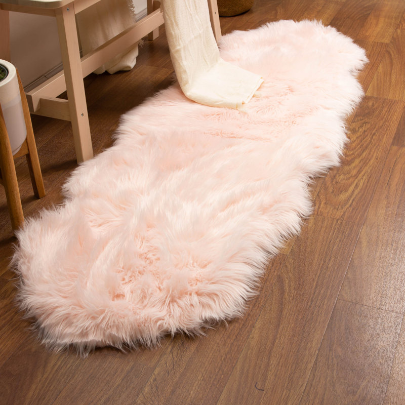 Diller Soft Pink Faux Sheepskin Fur Machine Washable Shag Fluffy Area Rug, Runner 2' x 6'