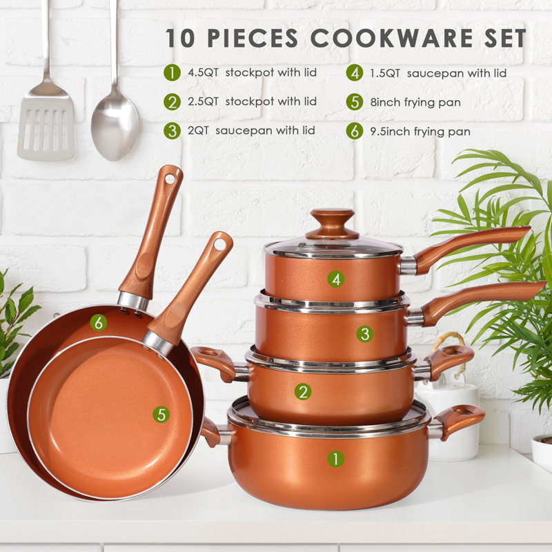 Fruiteam 10 Piece aluminium Non Stick Cookware Set, Copper